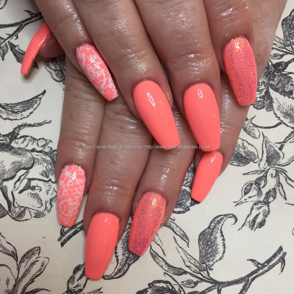 Mid Length Almond Acrylic Nails | Coral & Glitter | Glitter planet - YouTube