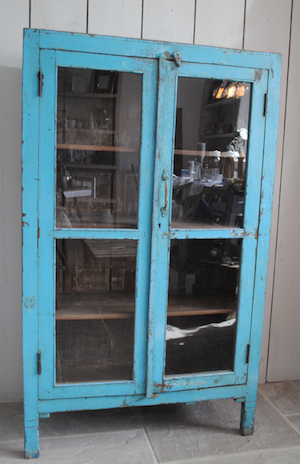 Dev Guy Medium Size Glass Fronted Cupboard With Distressed Blue